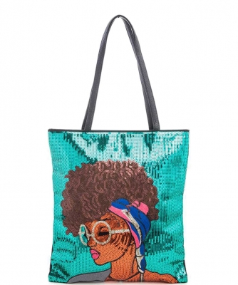 Glasses Girl Sequins Large Tote Bag 136-A039GT-L GREEN